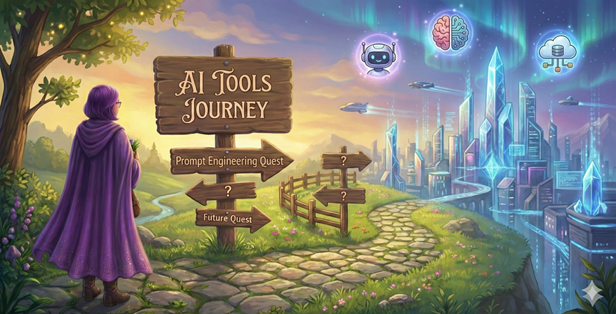 RPG-style illustrated scene for the Mastering AI Tools Journey — showing a path leading from a fantasy forest toward a glowing futuristic city representing artificial intelligence