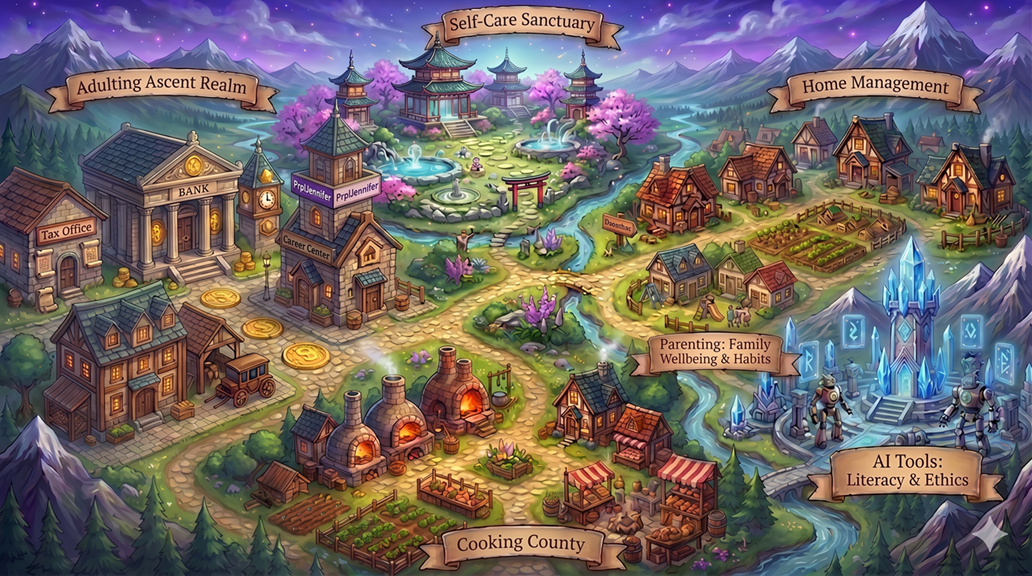 The PrplJennifer Kingdom map — an RPG-style illustrated world showing all the Journey realms including Adulting Ascent, Self-Care Sanctuary, Home Management, Parenting, Cooking County, and AI Tools