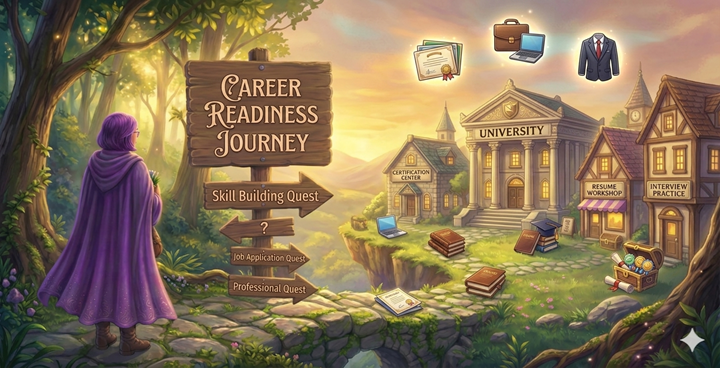 RPG-style illustrated scene for the Career Readiness Journey — showing a path leading toward landmarks representing workplace skills, leadership, and professional growth