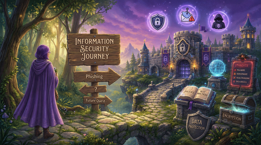 RPG-style illustrated scene for the Information Security Journey — showing a fortified path with locks, shields, and watchtowers representing the protection of personal information online