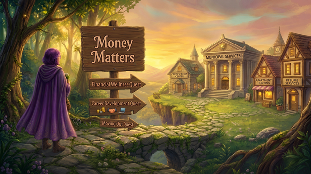 RPG-style illustrated scene for the Money Matters Journey — showing a path leading toward landmarks representing wages, paychecks, budgeting, and the math of independent life
