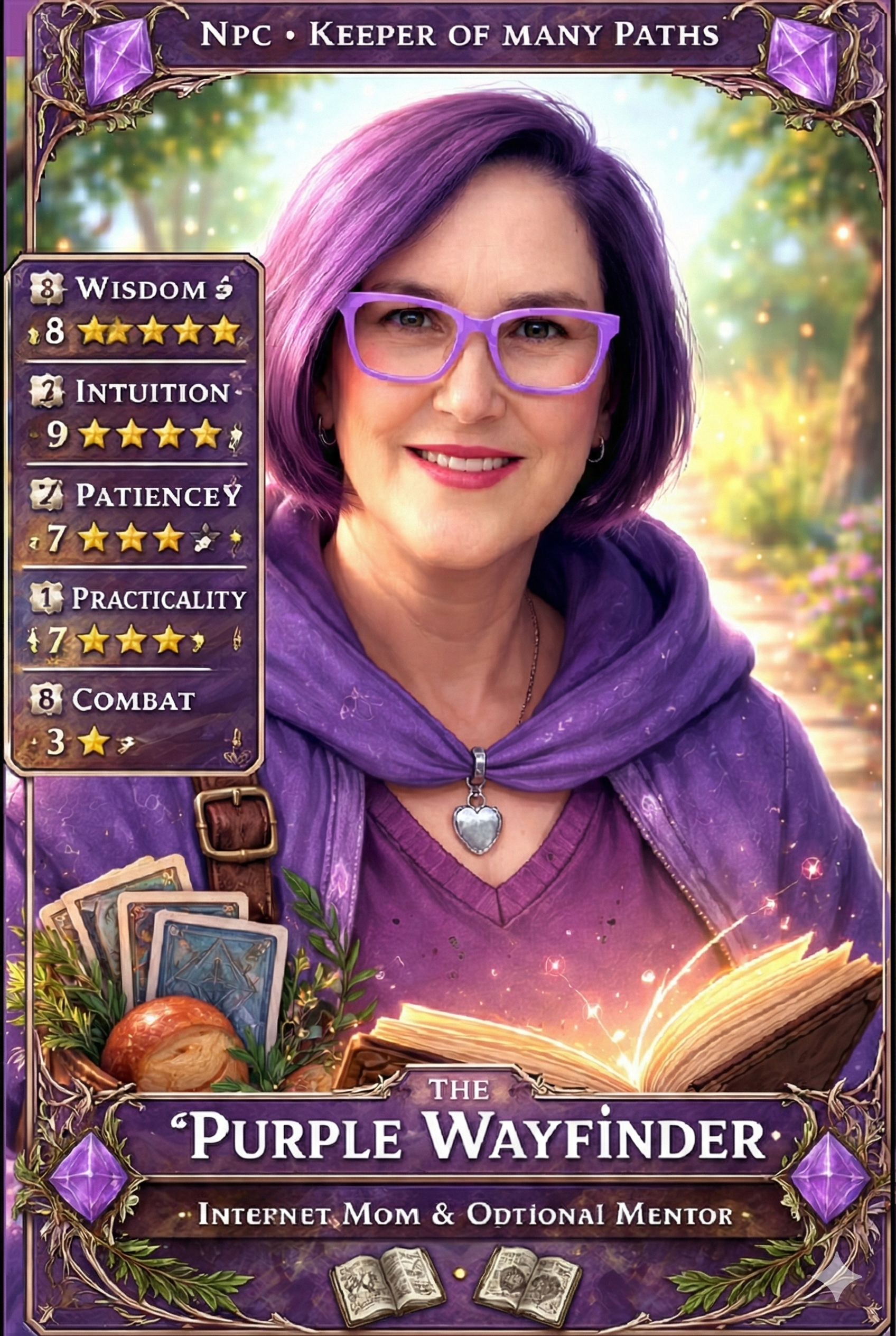 The Purple Wayfinder NPC character card — an RPG-style portrait of Jennifer in a purple cloak, showing stats including Wisdom, Intuition, Patience, and Practicality