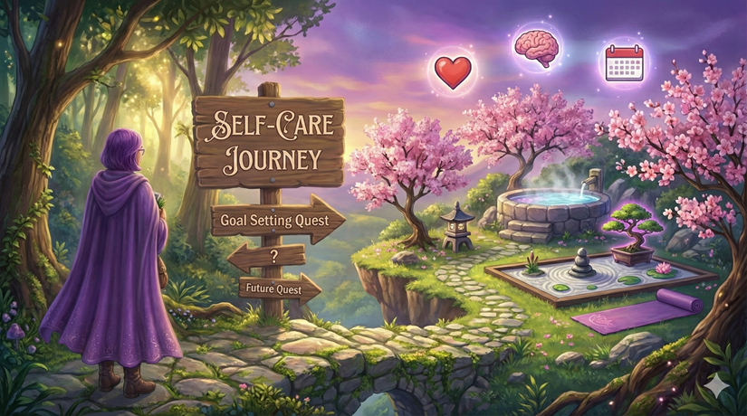 RPG-style illustrated scene for the Self Care Journey — showing a peaceful path with cherry blossom trees, a zen garden, and a hot spring sanctuary
