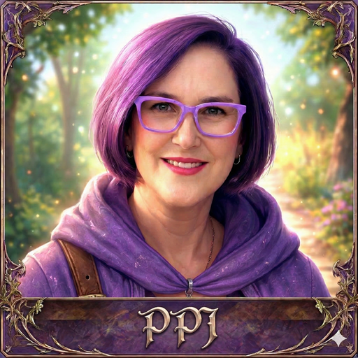 PrplJennifer — an illustrated RPG-style character in a purple cloak, representing the Wayfinder guide