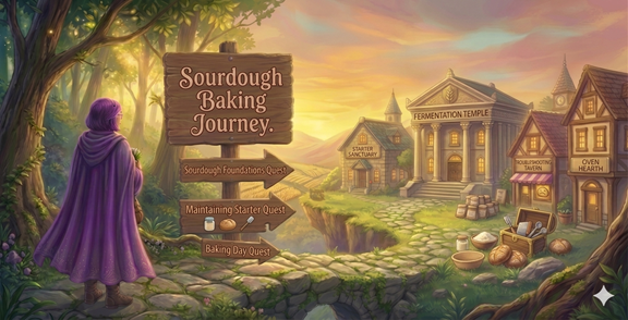 RPG-style illustrated scene for the Confident Sourdough Journey — showing a path leading to a Fermentation Temple, Starter Sanctuary, Troubleshooting Tavern, and Oven Hearth