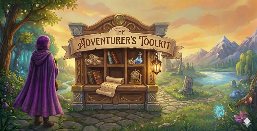 RPG-style illustrated scene for The Adventurer's Toolkit Journey — showing a cozy cottage with tools, a well, and supplies representing home maintenance and emergency prep
