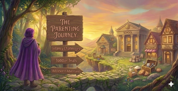 RPG-style illustrated scene for the Parenting Journey — showing a path leading to a Daycare, School, Adolescent Academy, and Trial Tavern