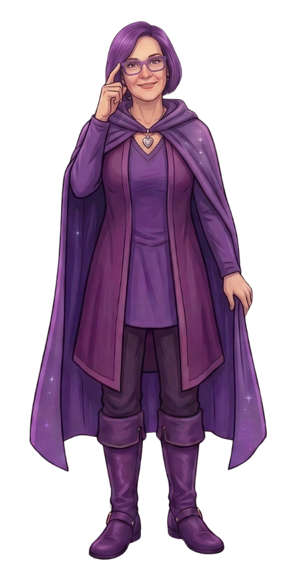 The Wayfinder in a thoughtful pose — an illustrated RPG-style character in a purple cloak, finger raised to temple in contemplation, representing 30 plus years of instructional design expertise